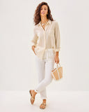 Lilly Pulitzer Sea View Button Down Top - Wicker Tan Lightweight Oxford Stripe