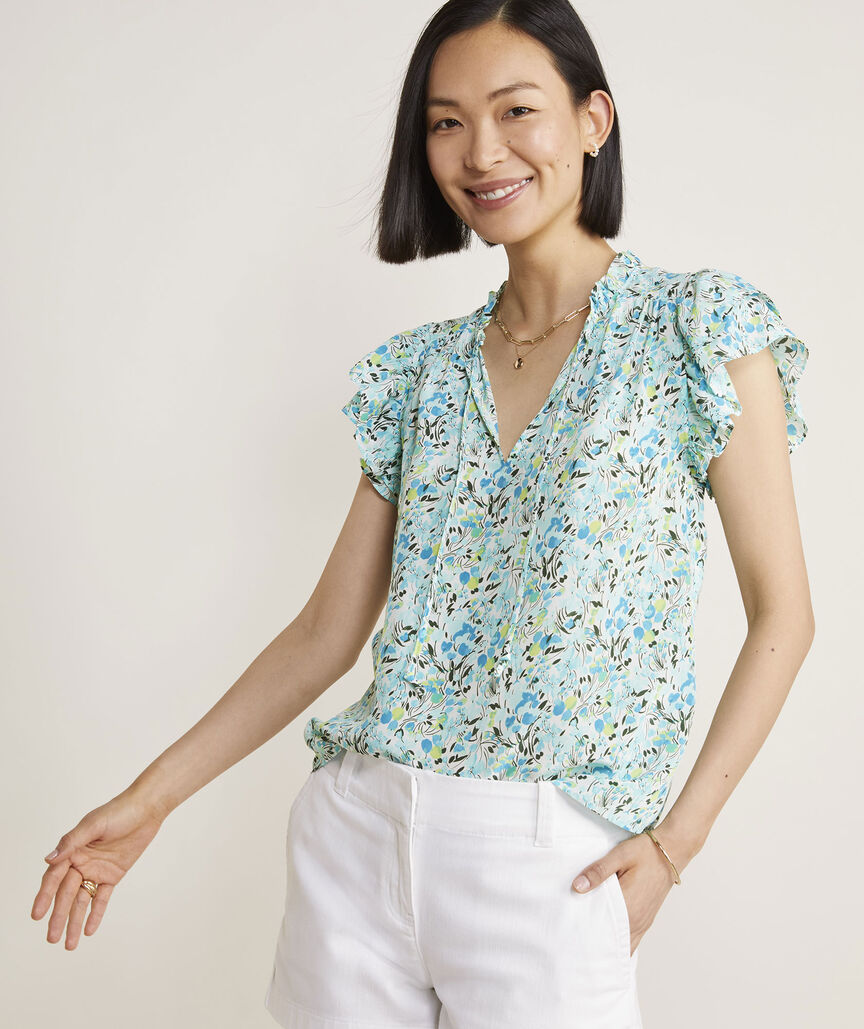 Vineyard Vines Women's Double Ruffle-Sleeve Top - Painted Tulips-White