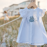 Elegant Baby Sailboat Embroidered Oxford Stripe Dress w/ Bloomers
