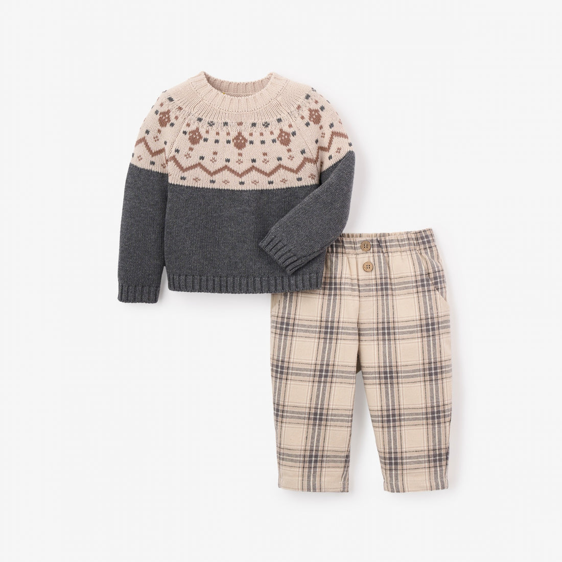 Elegant Baby Charcoal Fairisle Sweater + Plaid Pant Set