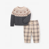 Elegant Baby Charcoal Fairisle Sweater + Plaid Pant Set