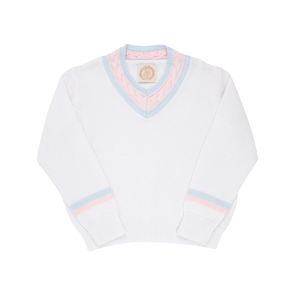 The Beaufort Bonnet Company Girl's Vivie June V-Neck Sweater - Worth Avenue White With Buckhead Blue & Palm Beach Pink
