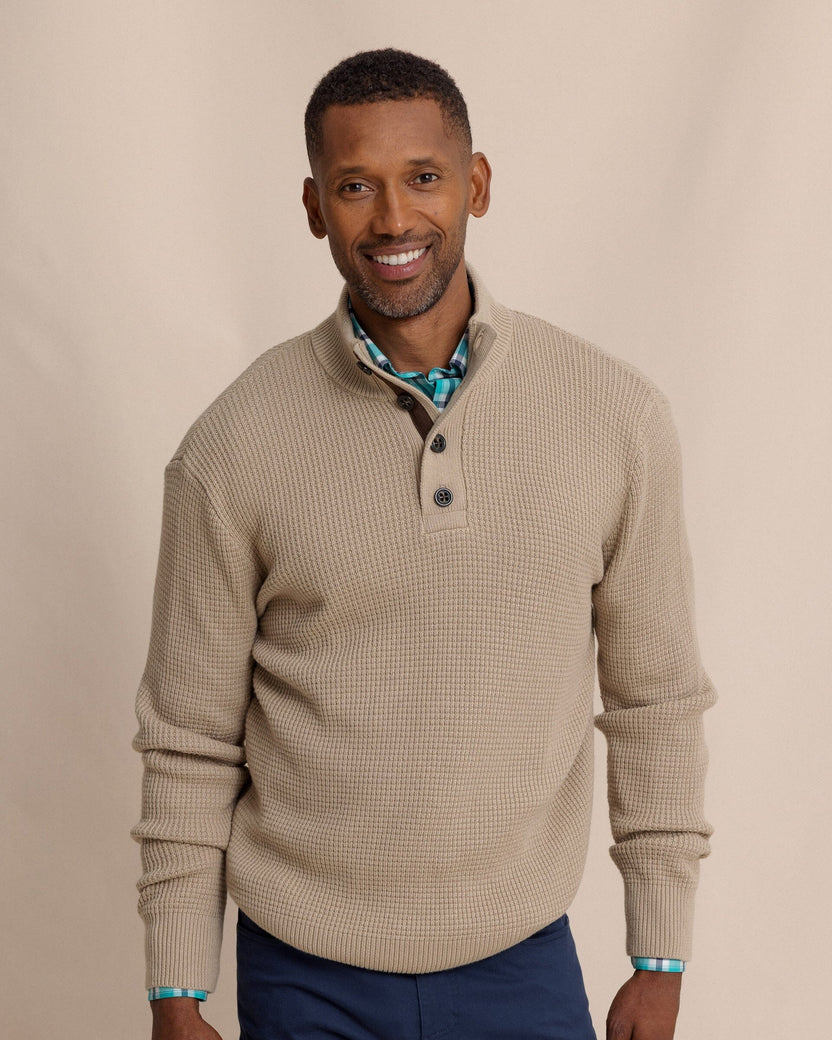 Southern Tide Men's Bass Creek Quarter Button Pullover - Heather Sandstone Khaki