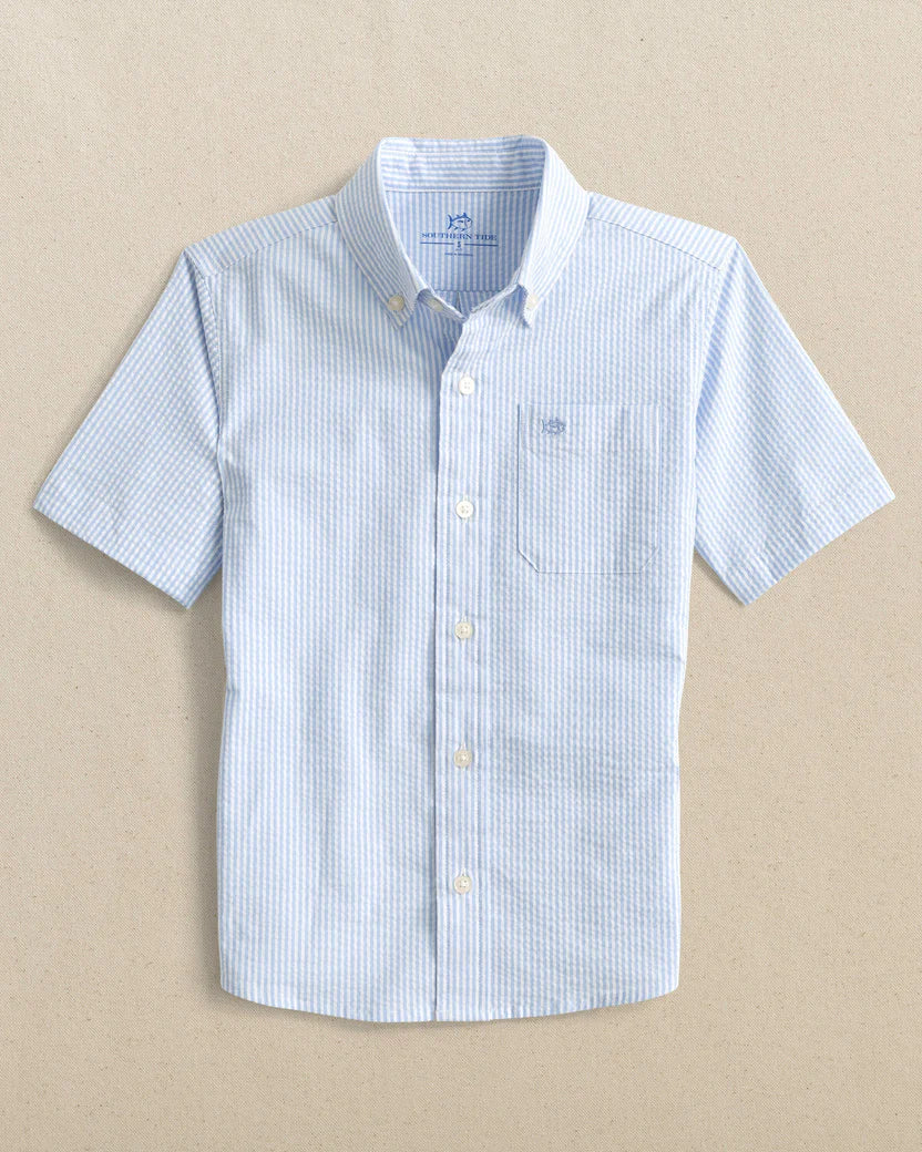 Southern Tide Boys Folly Field Seersucker Short Sleeve Sport Shirt - Ocean Channel