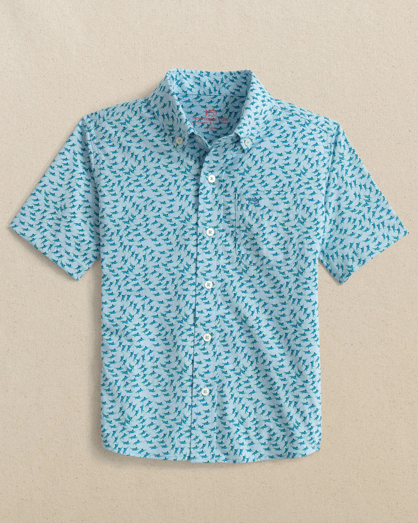 Southern Tide Boys Intercoastal Fintastic Short Sleeve Sport Shirt - Cerulean