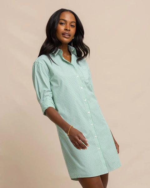 Southern Tide Women's Cam Stripe Poplin Dress Green (Size XL) 100% Cotton