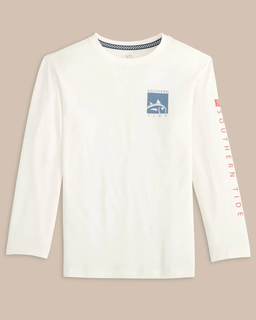 Southern Tide Kids Boxed Chest Performance Long Sleeve T-Shirt - Sand White