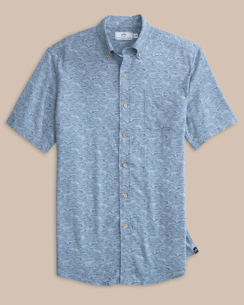 Southern Tide Men's Linen Rayon The Whaler Short Sleeve Sport Shirt - Coronet Blue