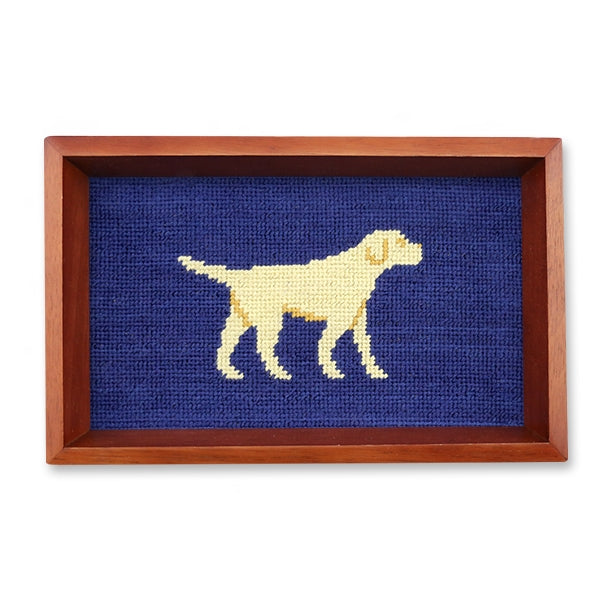 Smathers & Branson Yellow Lab Needlepoint Valet Tray - Classic Navy Chestnut Wood