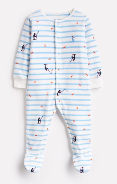 Joules Cosmo Velour Babygrow - Blue Stripe Fishing Penguin