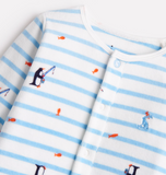 Joules Cosmo Velour Babygrow - Blue Stripe Fishing Penguin