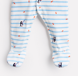 Joules Cosmo Velour Babygrow - Blue Stripe Fishing Penguin
