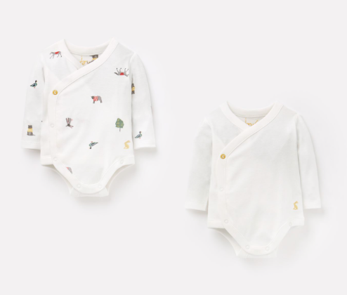 Joules Kimono Organically Grown Cotton 2 Pack Bodysuits - White Farm Print