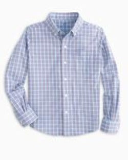 Southern Tide Boy's Ebb Plaid Intercoastal Performance Button Down Shirt - Dream Blue