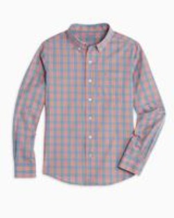 Southern Tide Boy's Heather Cast Plaid Intercoastal Performance Sport Shirt - Heather Coral Blush