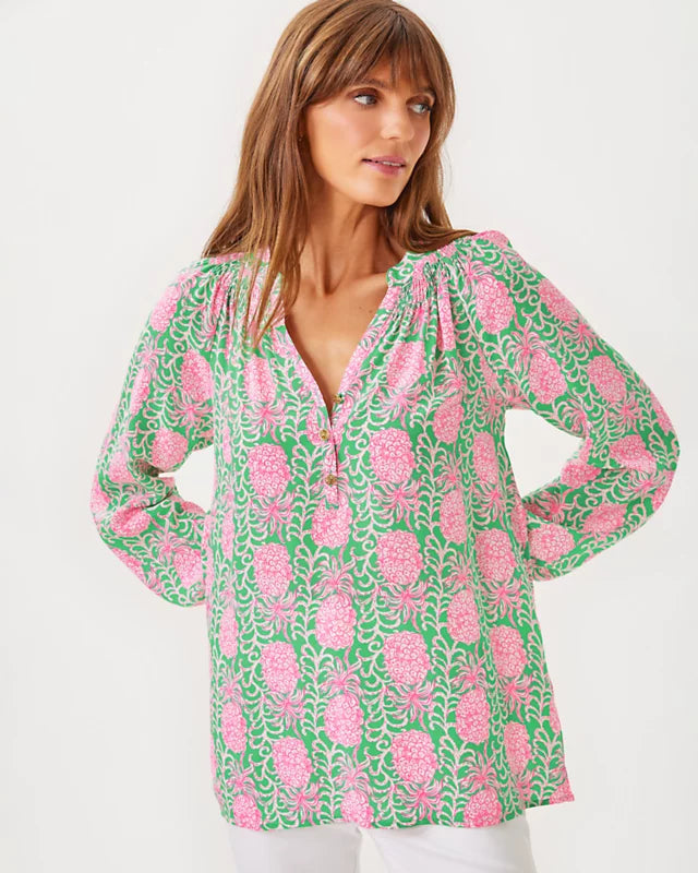 Lilly Pulitzer Women's Elsa Silk Top - Fauna Green Party Like A Pineapple