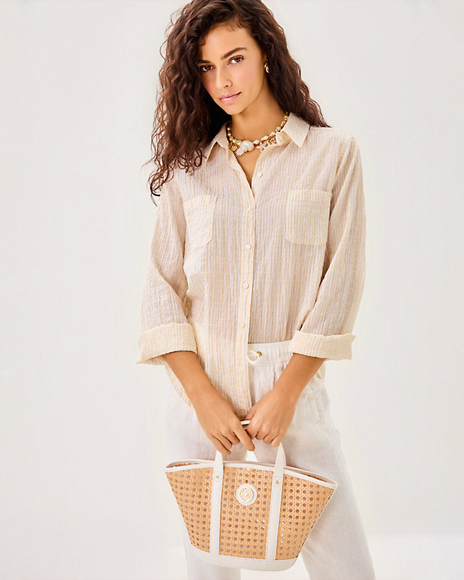 Lilly Pulitzer Sea View Button Down Top - Wicker Tan Lightweight Oxford Stripe