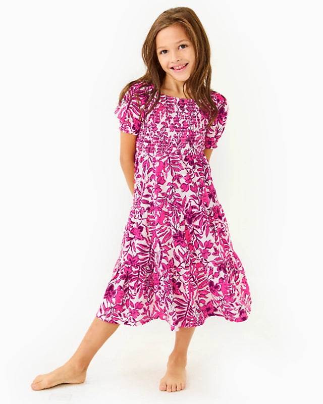 Lilly Pulitzer Girls Mini Jilly Sleeved Midi Dress - Elderflower Blossom Lil Escape Plan