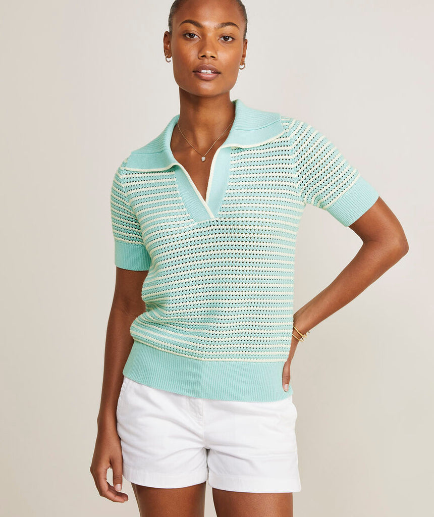 Vineyard Vines Women's Open-Stitch Short-Sleeve Polo Sweater - Aqua Haze