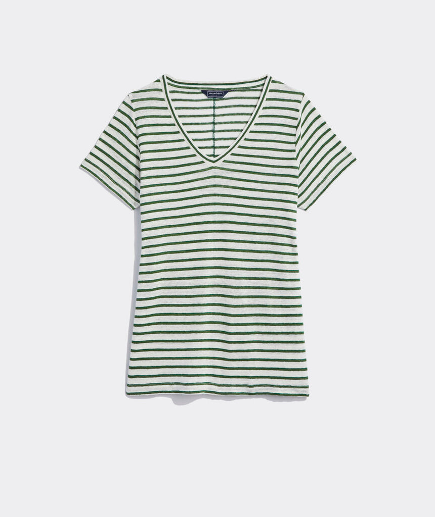 Vineyard Vines Women's Linen V-Neck Tee - DV Stripe - Cypress