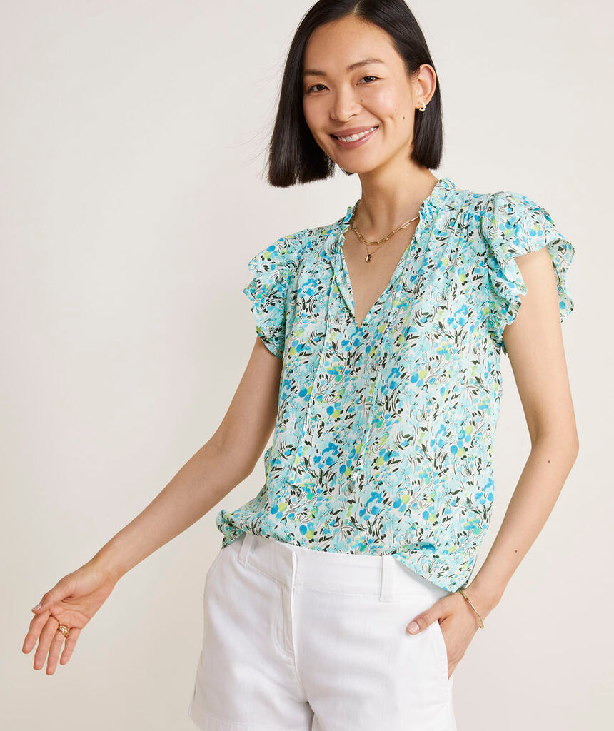 Vineyard Vines Women's Double Ruffle-Sleeve Top - Painted Tulips-White