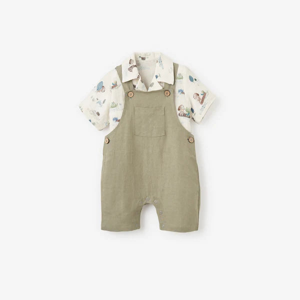 Elegant Baby Pond Friends Organic Cotton Muslin Top & Linen Blend Overalls - Multi