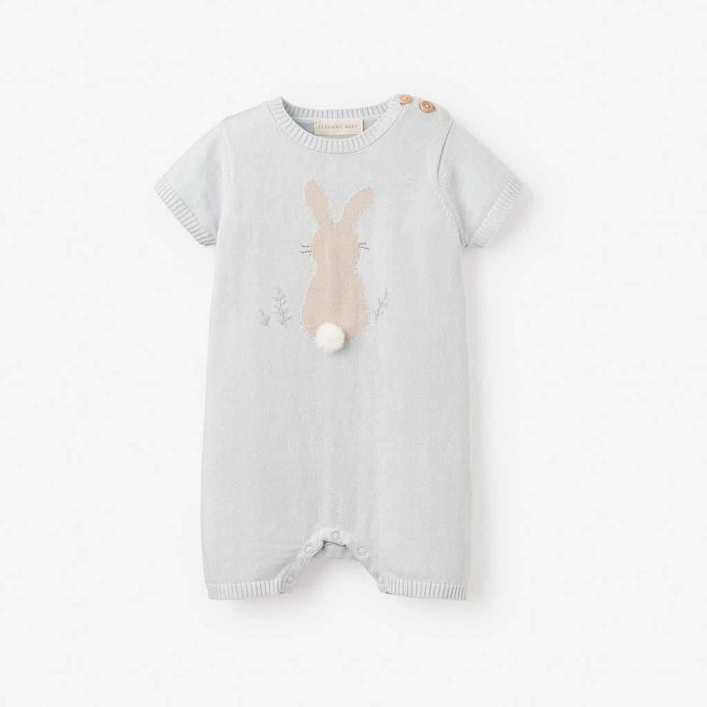 Elegant Baby Pale Blue Bunny Knit Shortall Romper