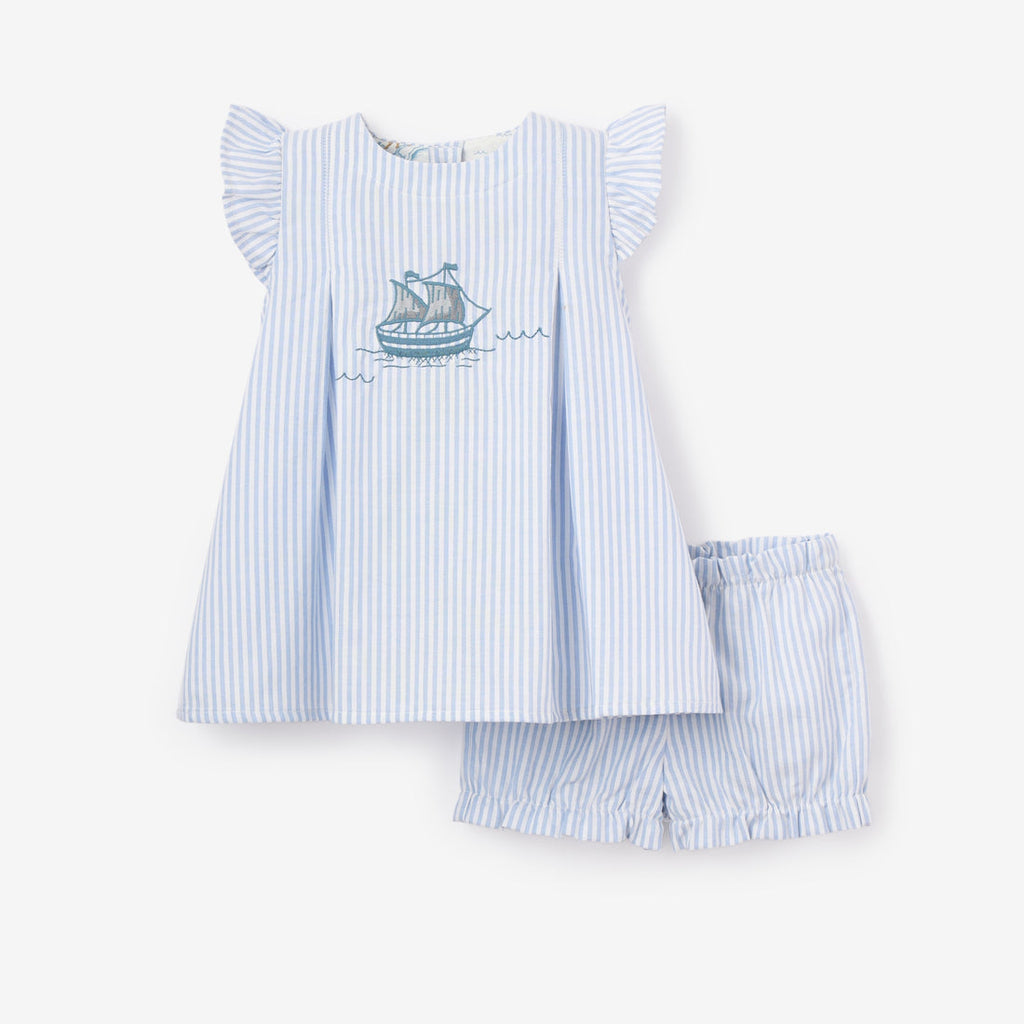 Elegant Baby Sailboat Embroidered Oxford Stripe Dress w/ Bloomers