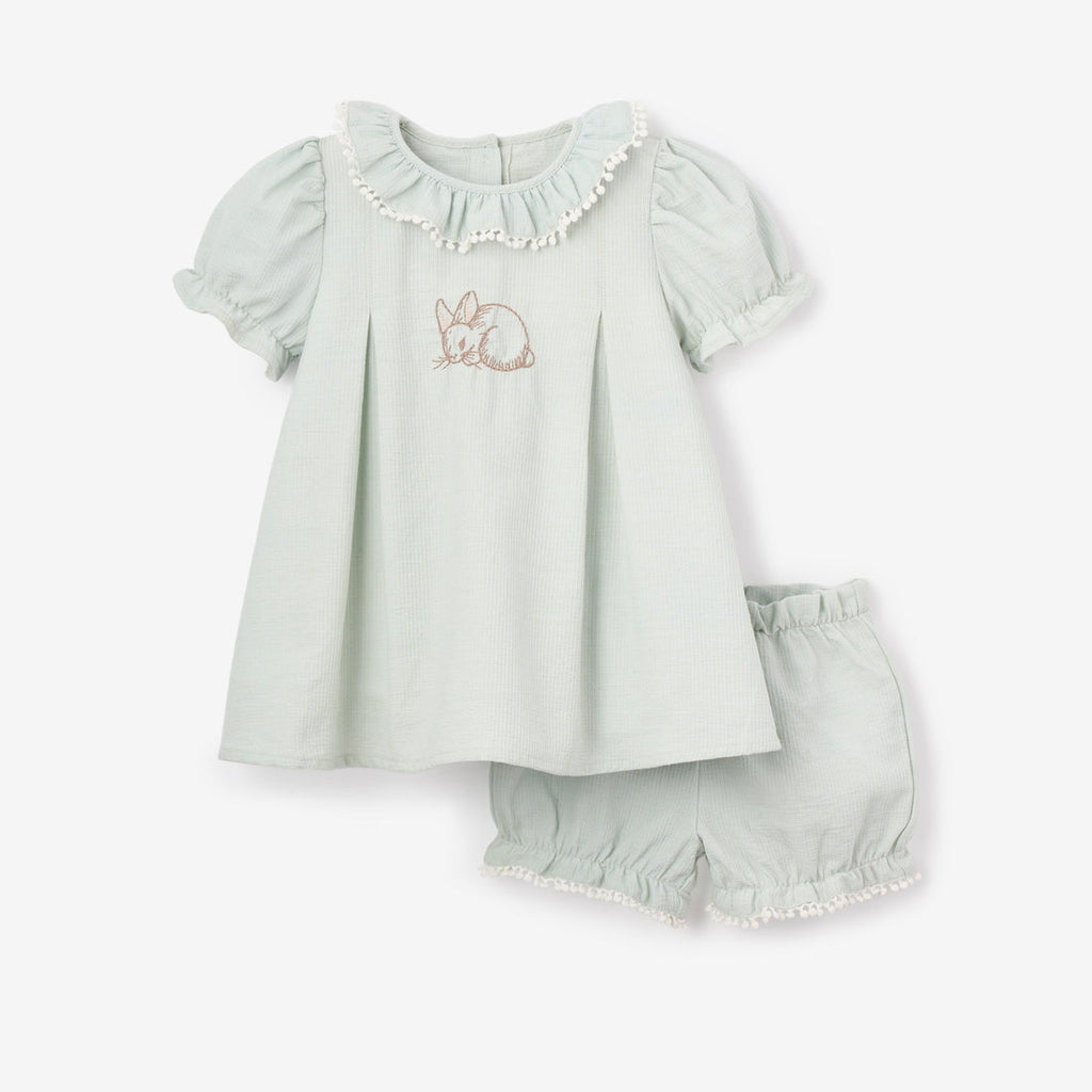 Elegant Baby Bunny Embroidered Dress with Bloomers - Sage Green