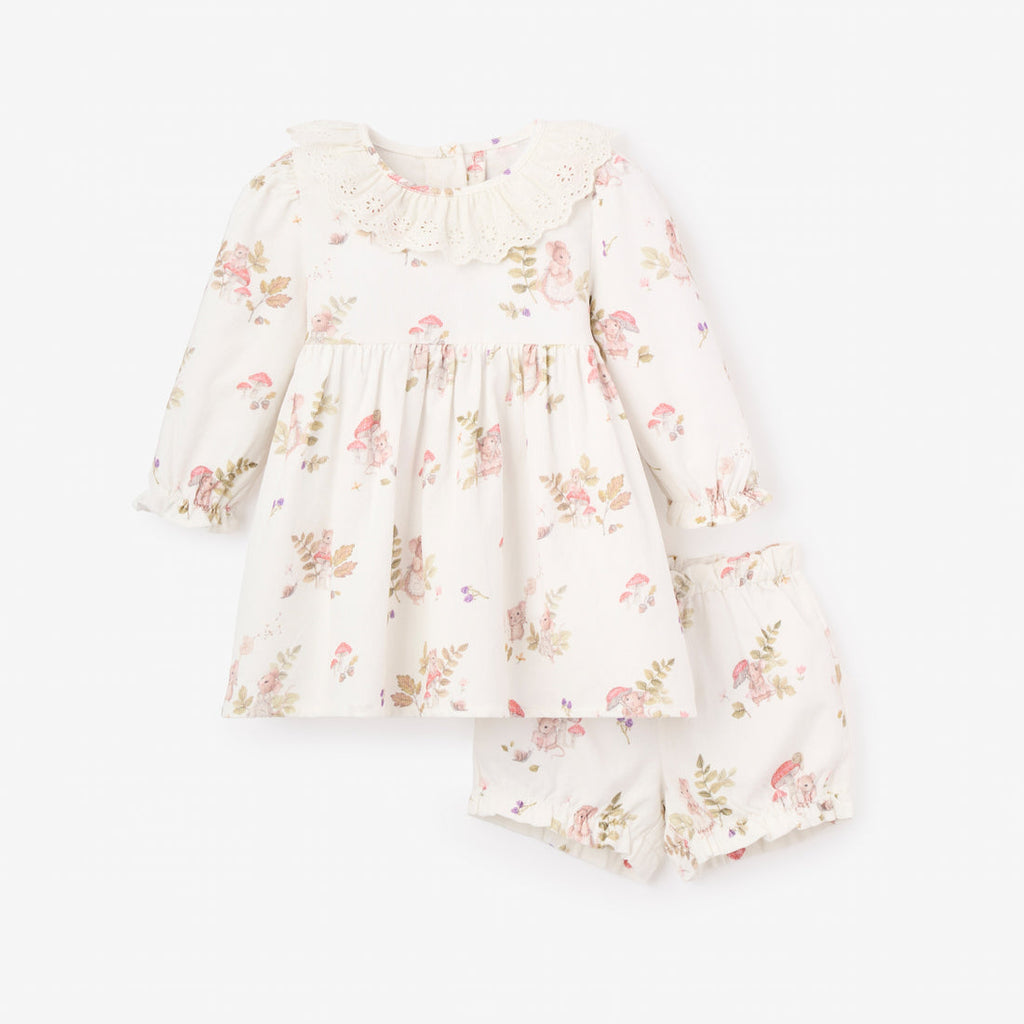 Elegant Baby Magical Mouse Print Mini Cord Lace Collar Dress + Bloomer Set