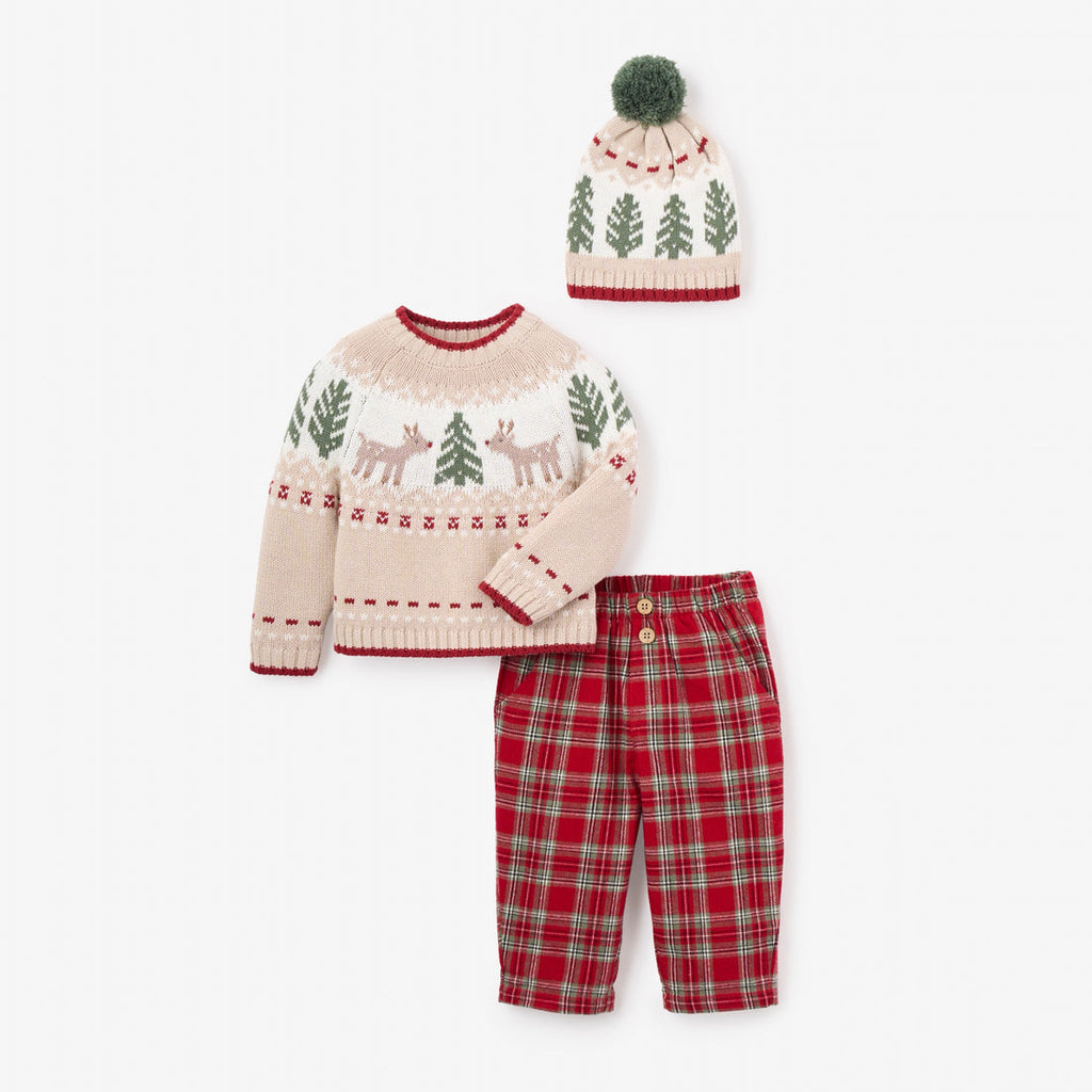 Elegant Baby Holiday Fairisle Sweater + Tartan Pant Set