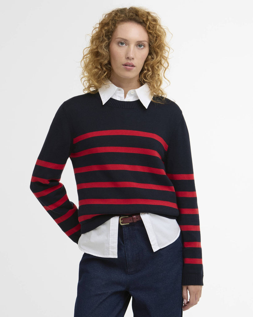 Barbour Fern Striped Crew Neck Jumper Sweater - Navy/Poppy Red
