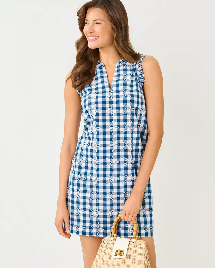 Lilly Pulitzer Kavalla Dress - Starlight Navy Starfishing Embroidered Gingham