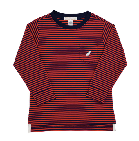 The Beaufort Bonnet Company Boy's Long Sleeve Carter Crewneck - Richmond Red & Nantucket Navy Stripe with Palmetto Pearl Stork