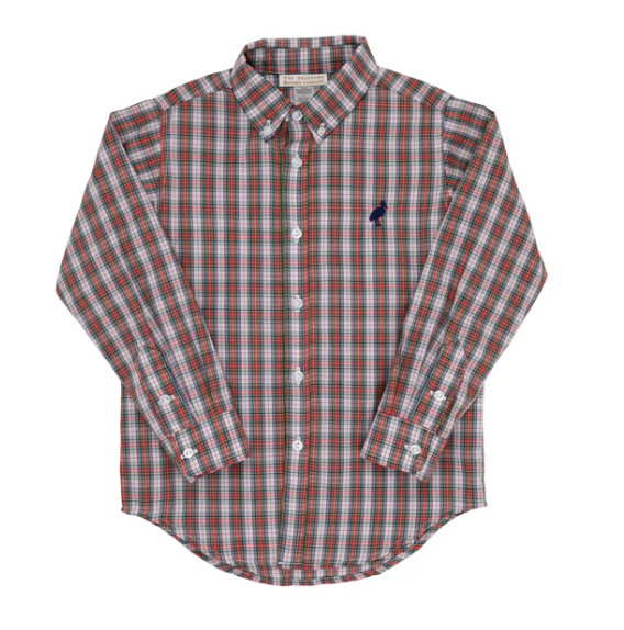 The Beaufort Bonnet Company Boy's  Dean's List Dress Shirt - Merritt Park Plaid with Nantucket Navy Stork