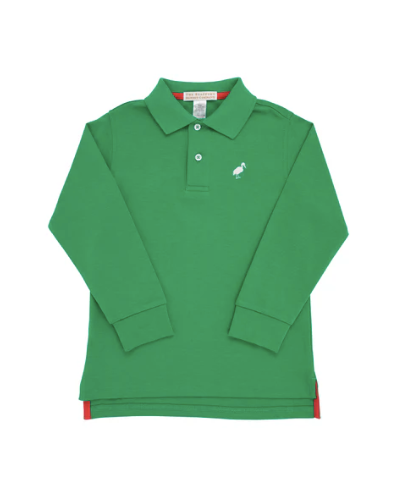 The Beaufort Bonnet Boy's Long Sleeve Prim & Proper Polo - Kiawah Kelly Green with Worth Avenue White Stork