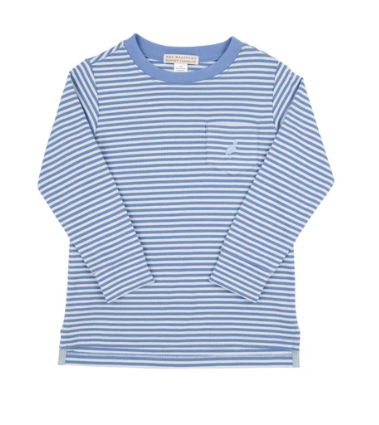 The Beaufort Bonnet Company Boy's Long Sleeve Carter Crewneck - Barbados Blue Stripe with Buckhead Blue Stork