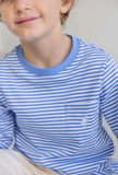 The Beaufort Bonnet Company Boy's Long Sleeve Carter Crewneck - Barbados Blue Stripe with Buckhead Blue Stork