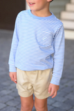 The Beaufort Bonnet Company Boy's Long Sleeve Carter Crewneck - Barbados Blue Stripe with Buckhead Blue Stork