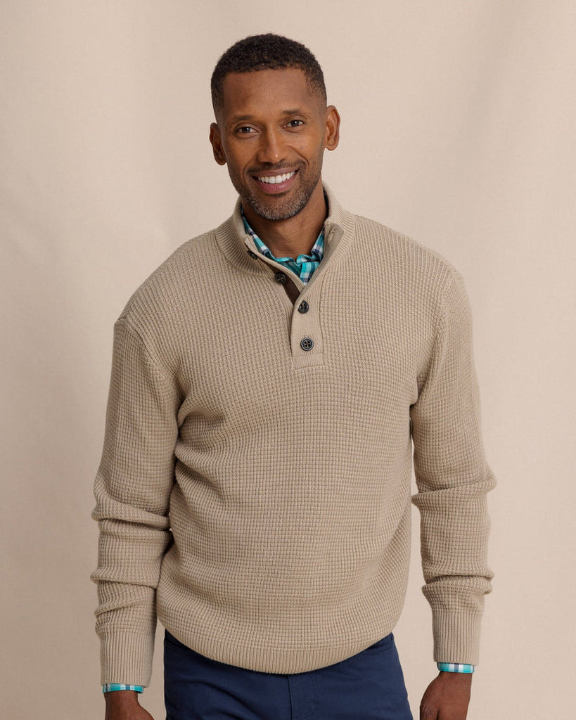 Southern Tide Men's Bass Creek Quarter Button Pullover - Heather Sandstone Khaki