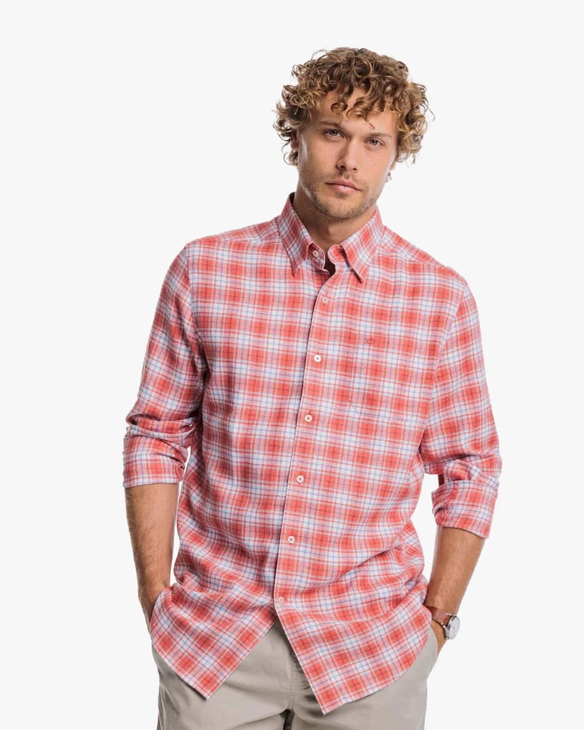 Southern Tide Men's Beach Flannel Heather Howland Plaid Sport Shirt - Heather Dusty Coral