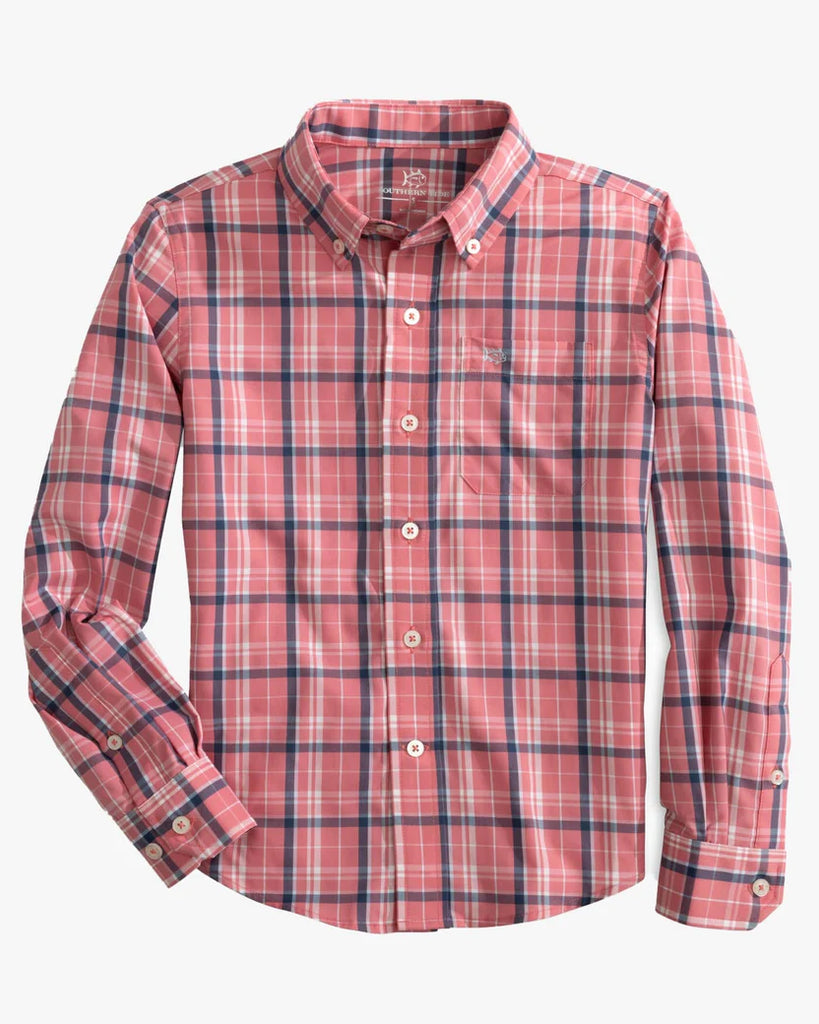 Southern Tide Boys Asheland Plaid Intercoastal Long Sleeve Sport Shirt - Dusty Coral