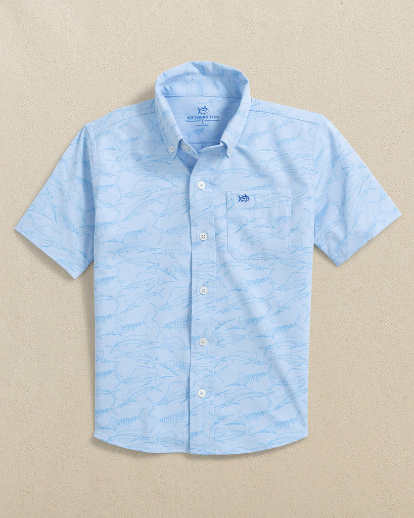 Southern Tide Boys Intercoastal Game Fish Short Sleeve Sport Shirt - Cerulean