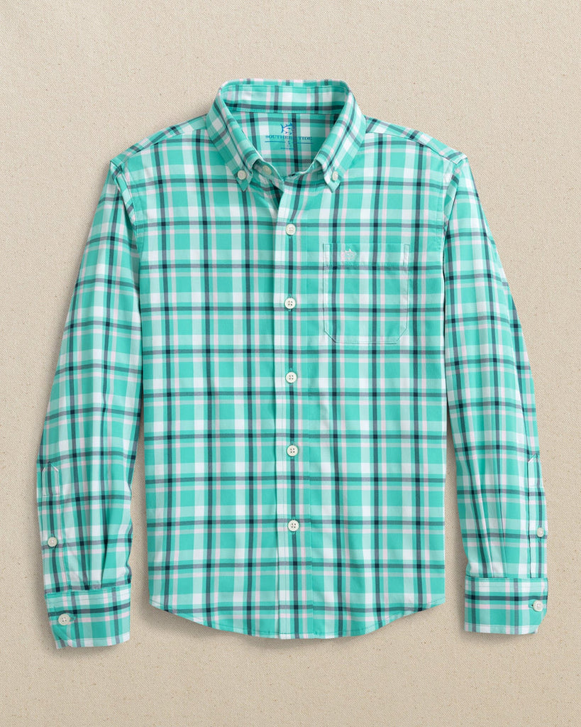 Southern Tide Boys River Ridge Plaid Intercoastal Long Sleeve Sport Shirt - Turtle Green