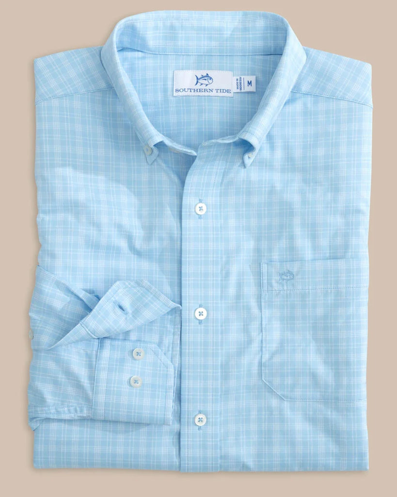 Southern Tide Men's brrr° Intercoastal Pettigru Plaid Long Sleeve Sport Shirt - Clearwater Blue