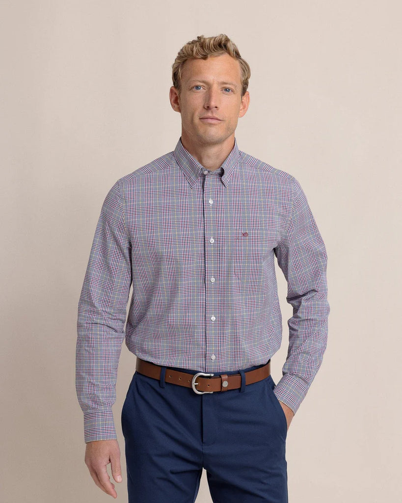 Southern Tide Men's Charleston Brunswick Plaid Long Sleeve Sport Shirt - Muscadine