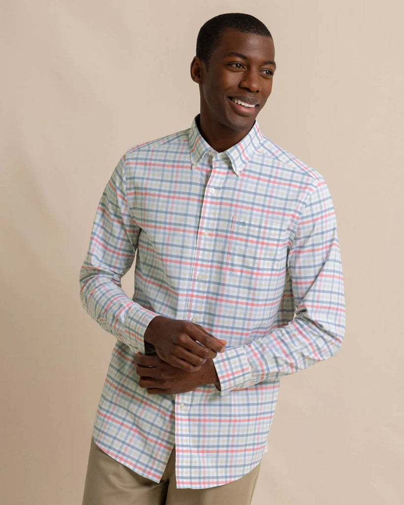 Southern Tide Men's Coastal Passage Pelham Gingham Long Sleeve Sport Shirt - Geranium Pink