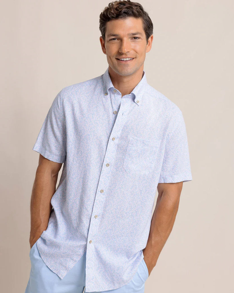 Southern Tide Men's Coral Life Linen Rayon Short Sleeve Sport Shirt - Cerulean