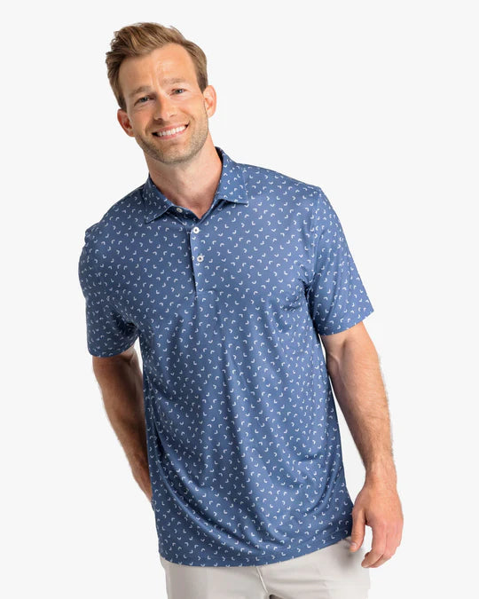 Southern Tide Men's Driver Fish Toss Print Performance Polo Shirt - Aged Denim