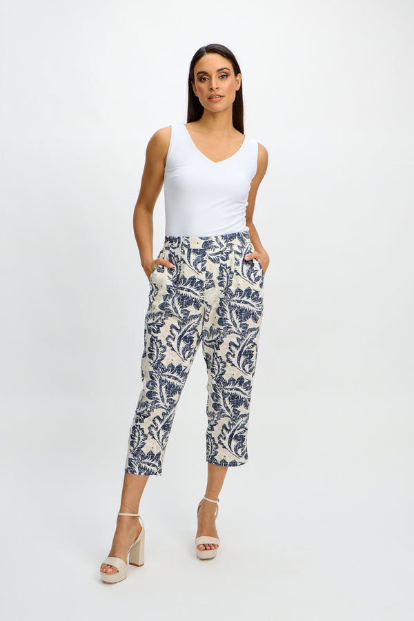 Emproved Women's Pull On Crop Woven Pant - Deep Ocean Tropical Leaf